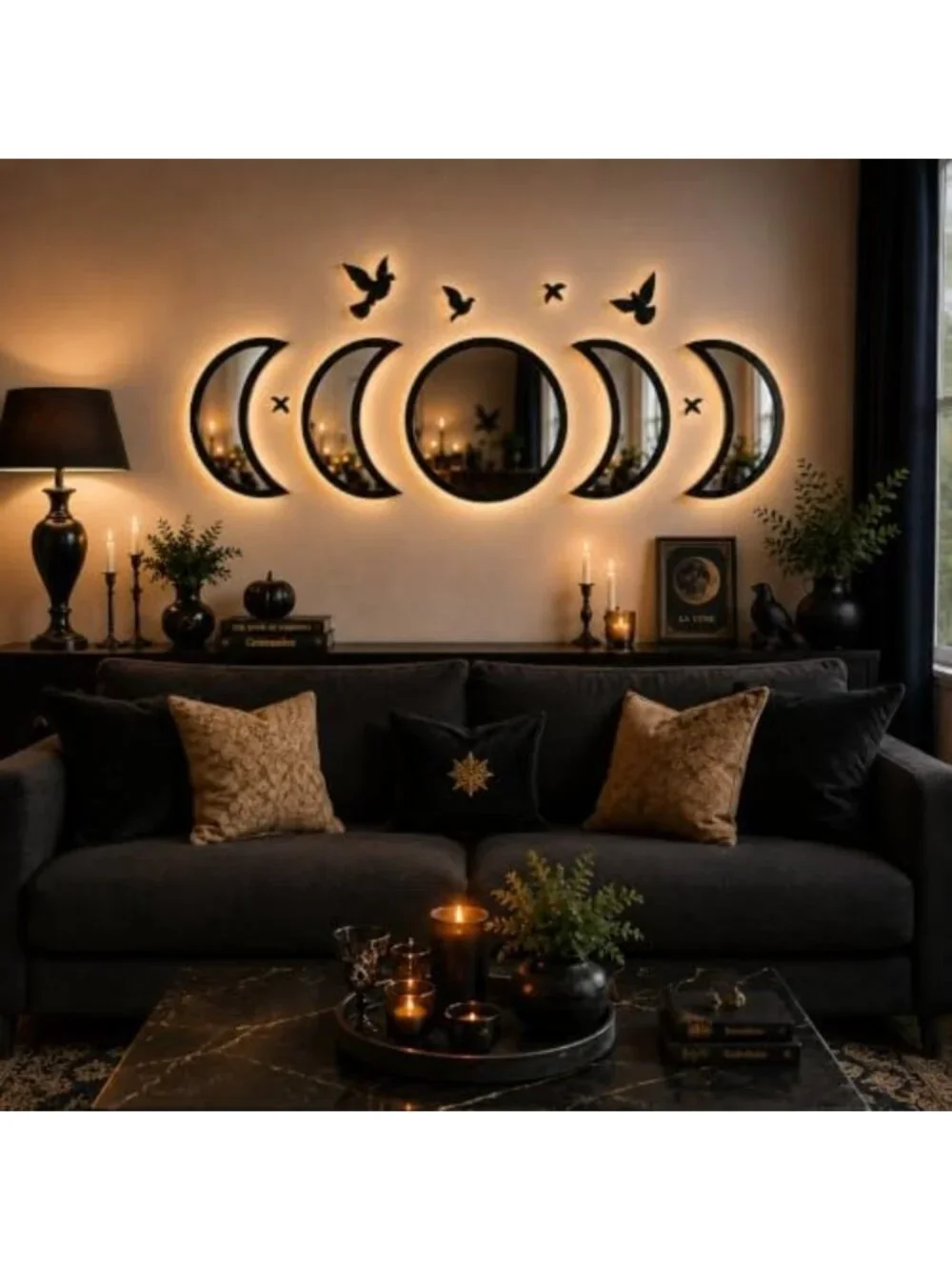 Moon Phase Wall Mirror Set with Birds | Gothic Boho Decor for Bedroom & Living